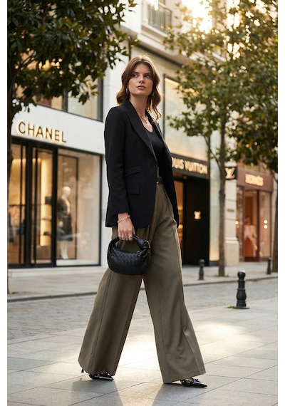 Lela Pileli Wide Leg Yüksek Bel Geniş Paça Kemerli Palazzo Bayan Pantolon 68351070 Karamel