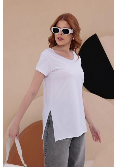 Bbbutikbasic Yırtmaçlı Uzun Basic Tişort Hkn34 Beyaz