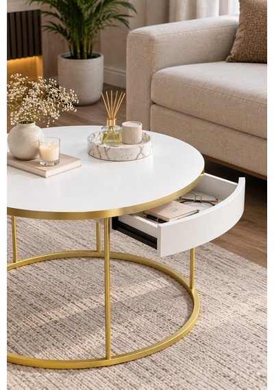 Sulorahome Beyaz Yuvarlak Çekmeceli Orta Sehpa Gold Ayaklı Altın - Beyaz
