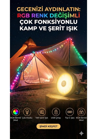 Şarjlı 10 Metre Ledli Şarj Göstergeli 8 Işık Modlu Hareketli Ve Flaşör Modlu Kamp Lambası Led Işık Diğer