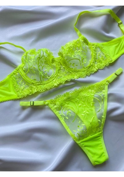 Arona Neon Yeşil Dantelli İç Çamaşırı Takımı Dantelli Sütyen Tanga Set Yeşil