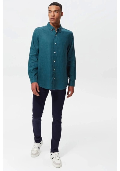 Nautica Erkek Yeşil Classic Fit Uzun Kollu Keten Gömlek Yeşil
