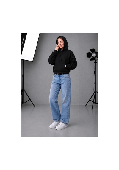 Herkesemoda Kadın Cepli Kapüşonlu 2 İplik Şardonlu Crop Boy Oversize Sweatshirt Siyah