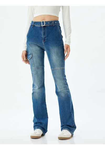 Koton İspanyol Paça Kot Pantolon Slim Fit Kargo Cepli Düğmeli Pamuklu - Flare Jeans Orta İndigo 5wal40098md İndigo