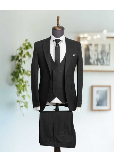 Beystil Sivri Yaka Siyah Takım Elbise Bezayak - Slim Fit Siyah
