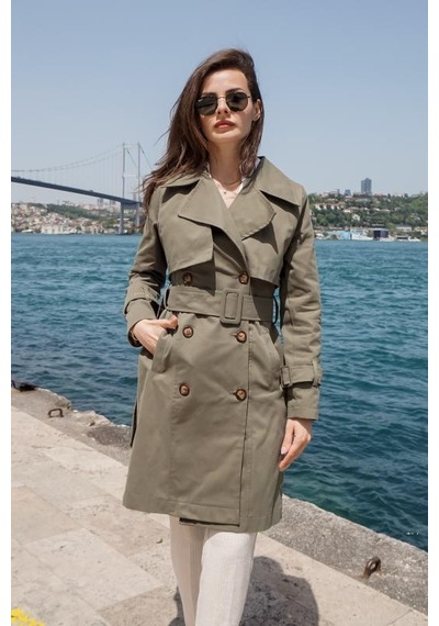 Pastelastore %100 Pamuk Gabardin Midi 95cm Astarlı Kemerli Kadın Trençkot 1113 Haki