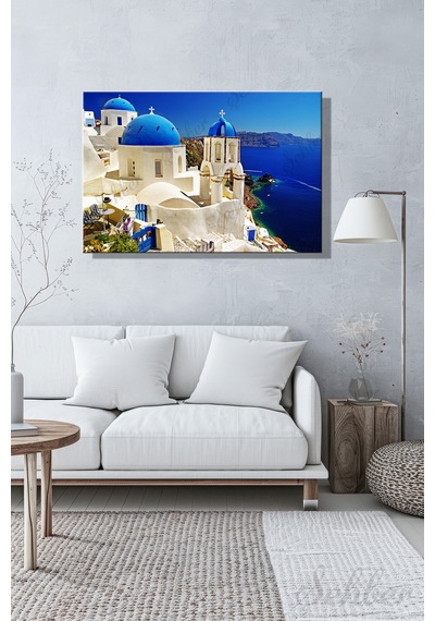 Kanvas Duvar Tablosu Yatay Tekli Salon Mutfak Yatak Odası Ofis Santorini Adası Mavi Kubbeli Kilise