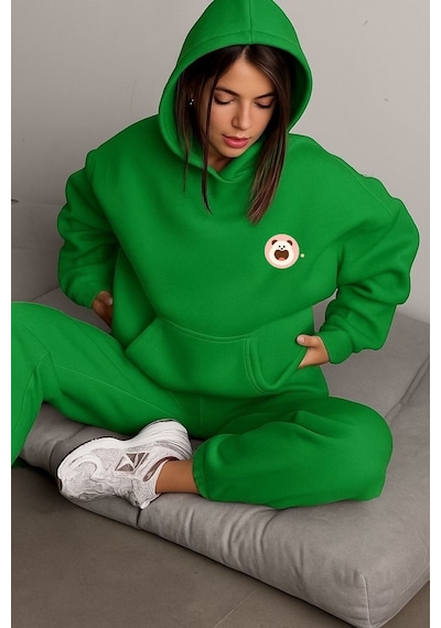 Benroma 3 İplik Penye Küçük Panda Baskılı Ünisex Kapüşonlu Sweat Yeşil