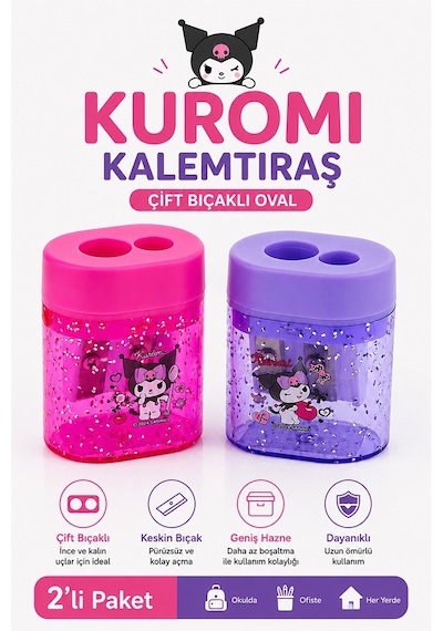 Kuromi Oval Kalemtraş 2 Li 590161 Kuromi Figürlü Hazneli Çift Bıçaklı Kalem Açacağı Sevimli Plastik Kalem Traş Hazneli