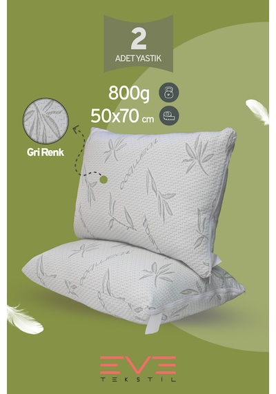 Eve Tekstil 2 Adet Bamboo Gri Serisi Kılıflı Fermuarlı Yıkanabilir Antialerjik Silikon Elyaf Yastık 50x70cm 800 Gr Gri