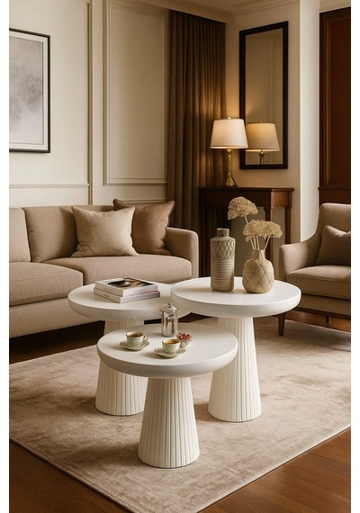 Wood Ahşap Beyaz 3 Lü Set Mantar Yan Sehpa Fiskos / Wooden Coffee Table / Zigon Sehpa Beyaz