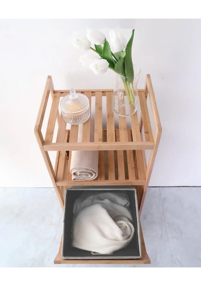 Bambu 2 Raflı Kirli Sepeti Çok Amaçlı Banyo Düzenleyici Organizer Ahşap