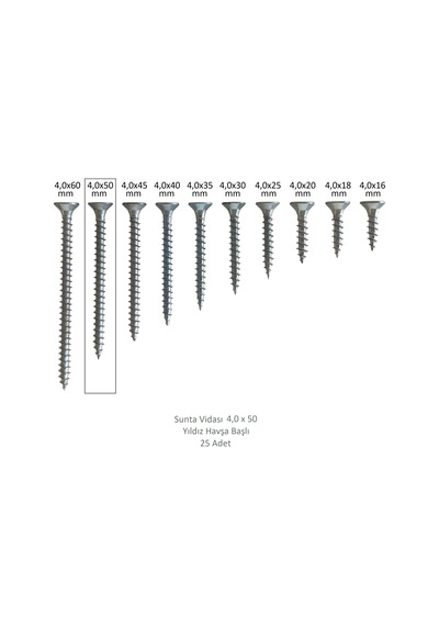 Sunta Vidası, 4,0 X 50 Mm, 25 Adet, Yhb Vida 4 x 50