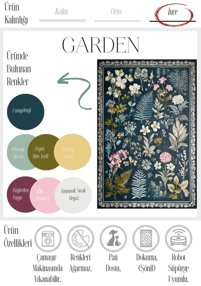 Garden 817 Lacivert Botanik Çiçekli Halı Yıkanabilir İnce Dokuma Taban Salon Oturma Odası Halısı Lacivert A