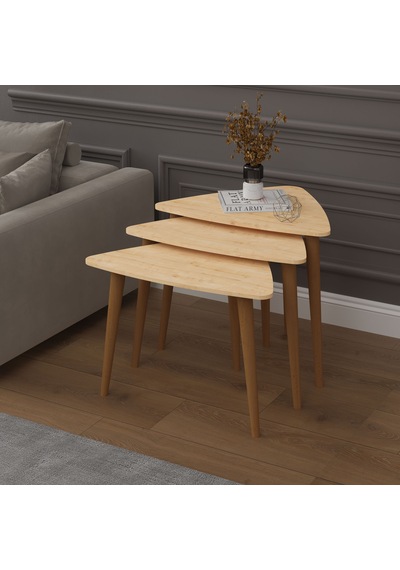 Asra Trend 3'lü Üçgen Zigon Sehpa Takımı SEHPA02 %100 MDF Ahşap Ayaklı Safir Meşe