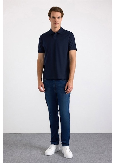 Süvari Lacivert Regular Düz Nakışlı Pike Düğmeli Polo Yaka Tişört Ts1014000473-m09