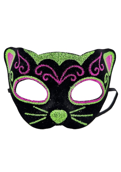 Siyah Kadife Kaplama Üzeri Pembe Yeşil Sim İşlemeli Kedi Maskesi 20x13 Cm 2 "