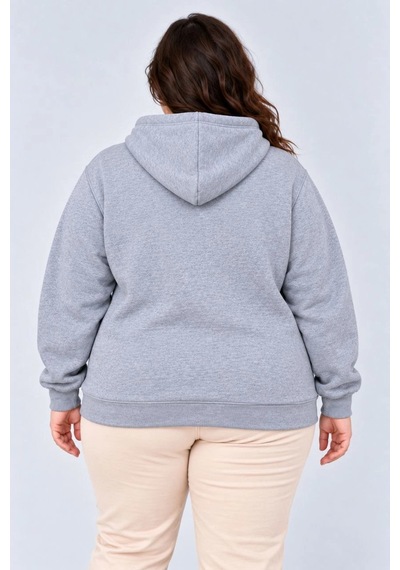 Moda Kadın Battal Büyük Beden Üç İplik İçi Şardonlu Kapüşonlu Kanguru Cepli Kışlık Sweatshirt - Gri Çok Renkli