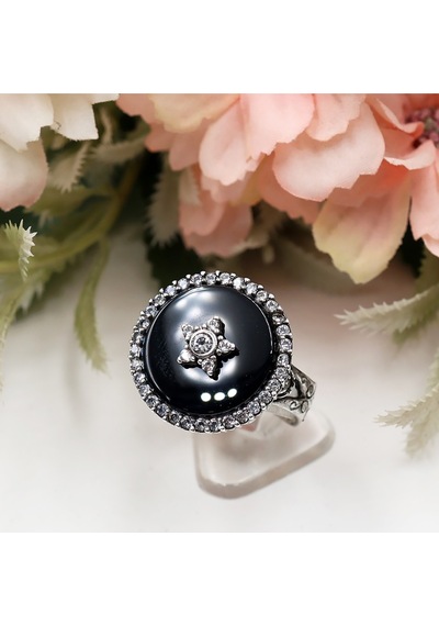 Zirkon Taşlı Oniks Taş Üzerinde Yıldız Set Rose Gold - Gümüş