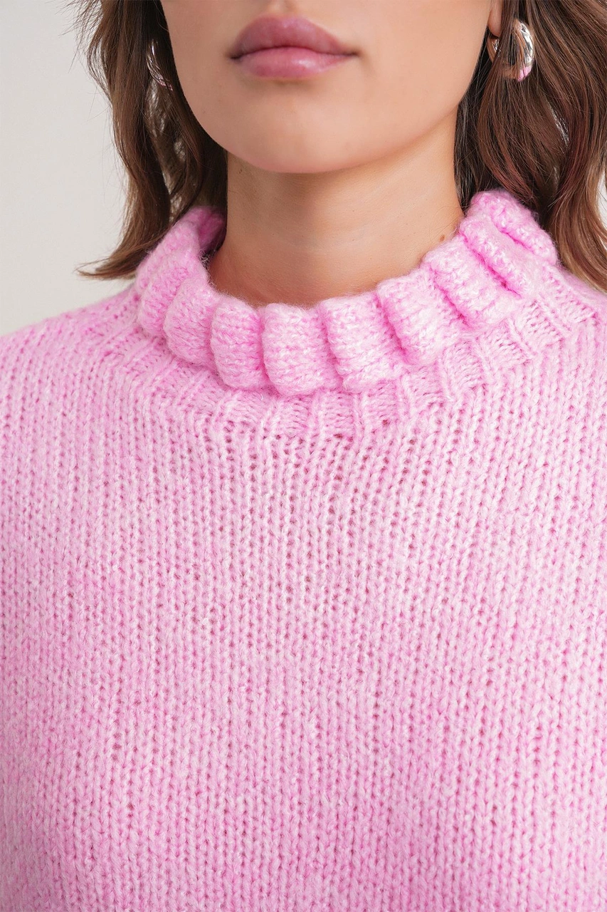 Mixray 6883 Kadın Fırfır Detay Crop Triko Kazak Pembe