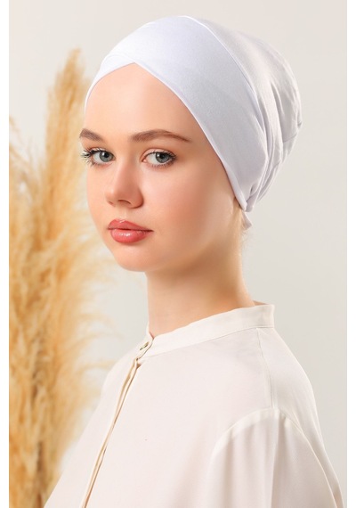 Melodi Scarf Bağlamalı Dikişsiz Çapraz Bone Beyaz Beyaz