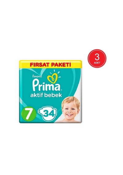 Prima Pampers Aktif Bebek Fırsat Paketi Bebek Bezi 15+ KG 7 Beden 3 x 34 Adet 3'lü