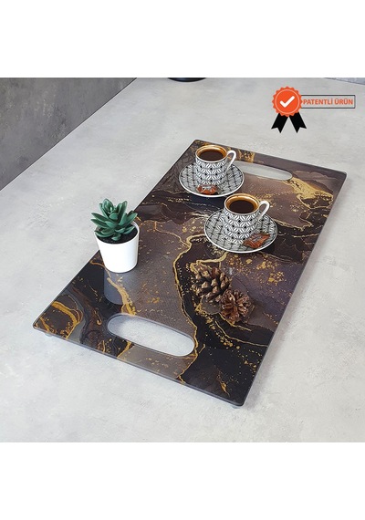 Decorita Cam Tepsi Kahverengi Simli Mermer 29Cm X 52Cm