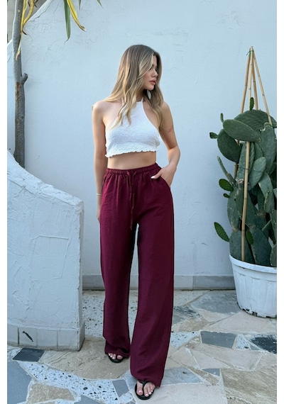 La & Vetta Pembe Keten Karışımlı Bol Kesim Pantolon Bordo