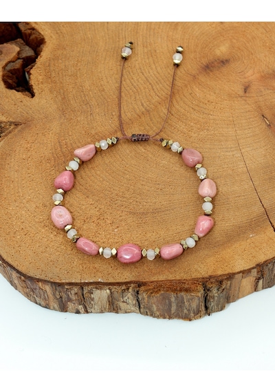 Sertifikalı Pembe Kuvars, Rodonit Ve Hematit Doğal Taşlı Kadın Bileklik / Bronz Gold Pembe