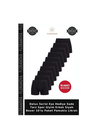 Floranova Delux Serisi Eşe Hediye Sade Tarz Spor Giyim Erkek Siyah Boxer 10'lu Paket Pamuklu Likralı