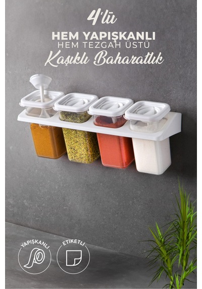Kitchen Life 4'lü Etiketli Standlı Kilitli Kaşıklı Kendinden Yapışkanlı Kare Baharatlık Takımı - Erzak Kabı Seti Beyaz