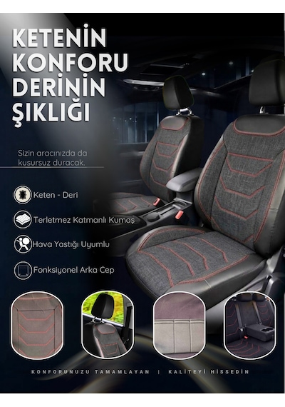 Linum Serisi Keten Kumaş Oto Koltuk Kılıfı Kırmızı Siyah
