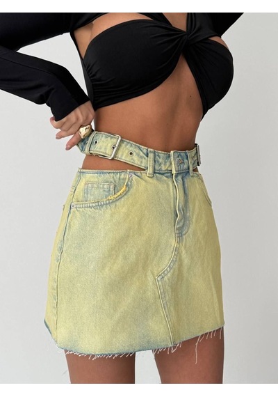 Herton Kadın Cut-out Detaylı Kemerli Jean Mini Etek - Tasarım Denim Etek ÇoK Renkli