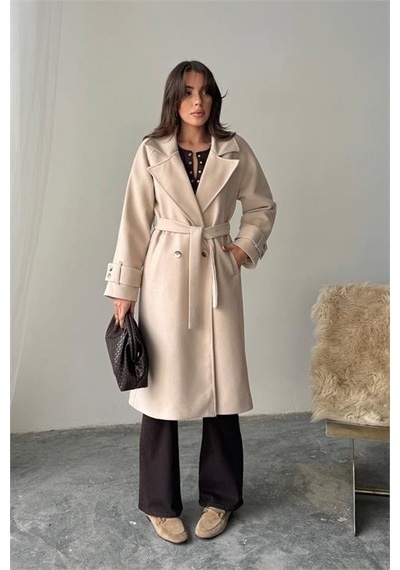 Neşeli Butik Kadın Kuşak Detaylı Astarlı Kaşe Kaban Nbg120 Bej