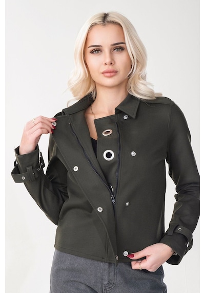 Bold & Young Kadın Viskon Polyester Likralı Kumaş Kol Ucu Toka Bantlı Kuş Gözü Aksesuarlı Çıt Çıtlı Cepli Ceket Haki
