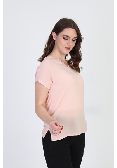 Ella Camelia Kadın Yakası Dantel Detaylı Bluz 20E020 Pudra