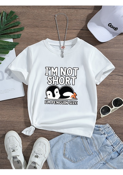 Uyguntarz Çocuk Penguen Baskılı Pamuklu Tshirt Beyaz