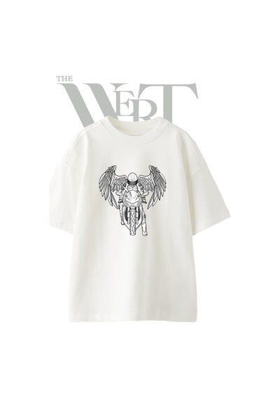 Thewert Motorcu Melek Tasarım Baskılı Ünisex Beyaz Oversize T-shirt