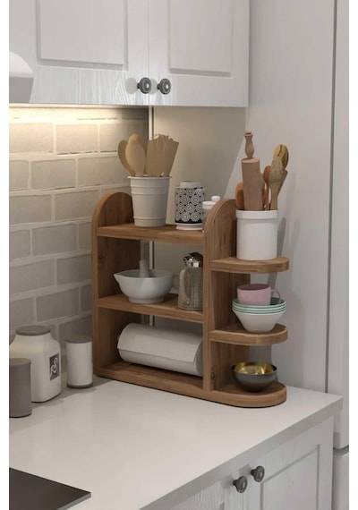 Reyo Home Modern Peçetelikli Baharatlık Mutfak Rafı Atlantik Çam Diğer
