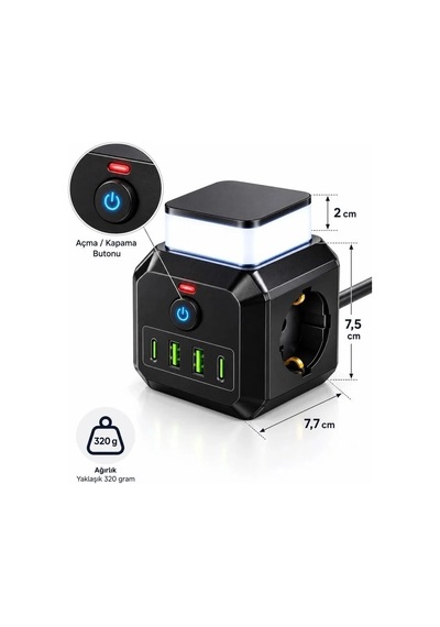 Akım Korumalı 3 Lü Priz 2200w 1050j 10a Gece Lambalı 2 Usb 2 Type-c Şarj Girişli Bsp-4 0