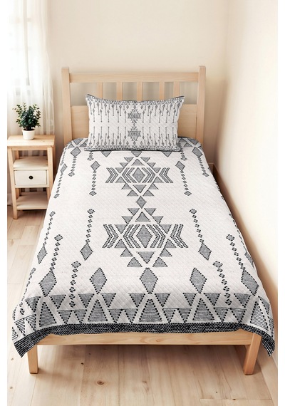 Bohem Geometrik Beyaz Tek Kişilik Pike Takımı - Etnik Antrasit 160x220 Cm Kapitone Yatak Örtüsü Melez Halı Derinliği