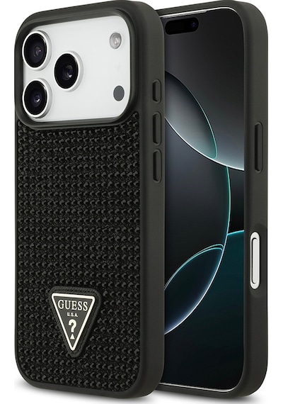 Apple Uyumlu iPhone 17 Pro Kılıf Guess Lisanslı Taşlı Arka Yüzey Üçgen Logolu Kapak Siyah