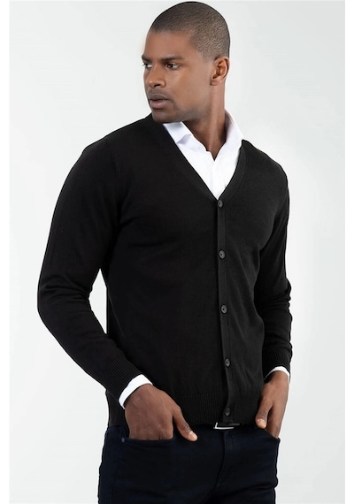 Tudors Slim Fit Dar Kesim Düğmeli Düz Pamuk Erkek Hırka-12697 Siyah