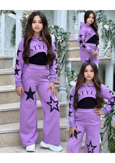 Star Style Kız Çocuk 3'lü Takım - 3/12 Yaş - 31517 Mor