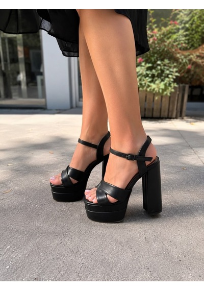 Asmi Shoes Kadın Elvin Siyah Çapraz Bantlı 15 Cm Çift Platform Topuklu Ayakkabı