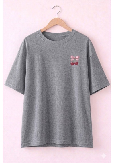 Minimal Kiraz Desenli Baskılı T-shirt Gri
