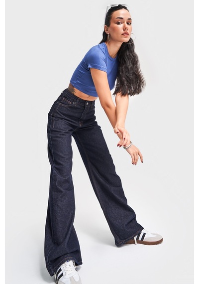 Itsbasic Kadın Lacivert Su Yıkama Olea 7w4-50 Wide Leg Fit %100 Koton Denim Jean