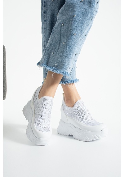Dabab Shoes Olıvıa Beyaz Taş Detaylı 10 Cm Gizli Topuk Platform Slip-on Sneaker Ayakkabı
