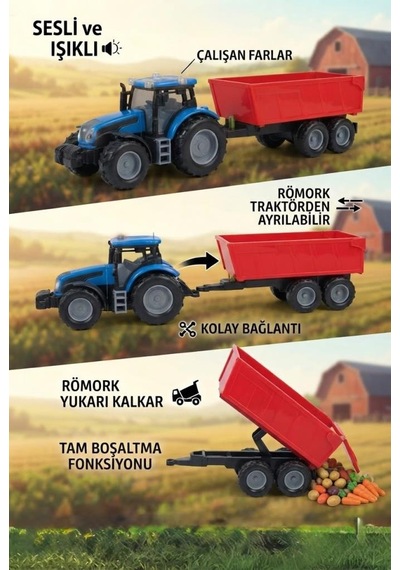 Pilli Sesli Ve Işıklı Römorklu 45 Cm Mavi Traktör Eğitici Ve Eğlenceli Oyuncak Traktör