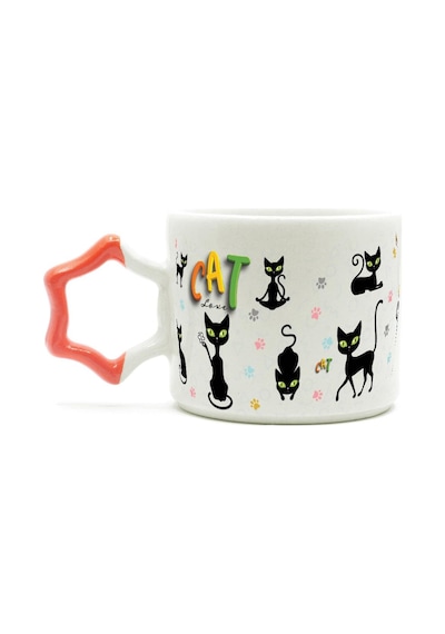 Cat Love Baskılı Turuncu Kulplu Yıldız Kupa